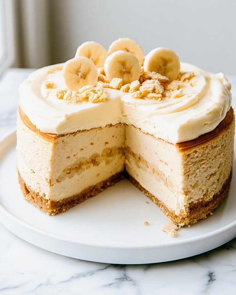 Caramelized Banana Pudding Cheesecake With a Stable Mousse Slice of caramelized banana pudding cheesecake on a white plate showing creamy texture and fresh banana layer