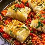 25-Minute One-Pan Mediterranean Cod with Burst Tomatoes Golden seared Mediterranean cod fillets resting in a skillet of blistered tomatoes and capers topped with fresh green basil