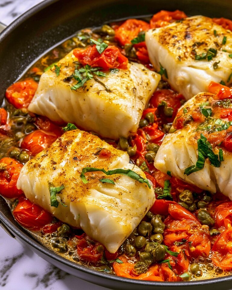 25-Minute One-Pan Mediterranean Cod with Burst Tomatoes Golden seared Mediterranean cod fillets resting in a skillet of blistered tomatoes and capers topped with fresh green basil