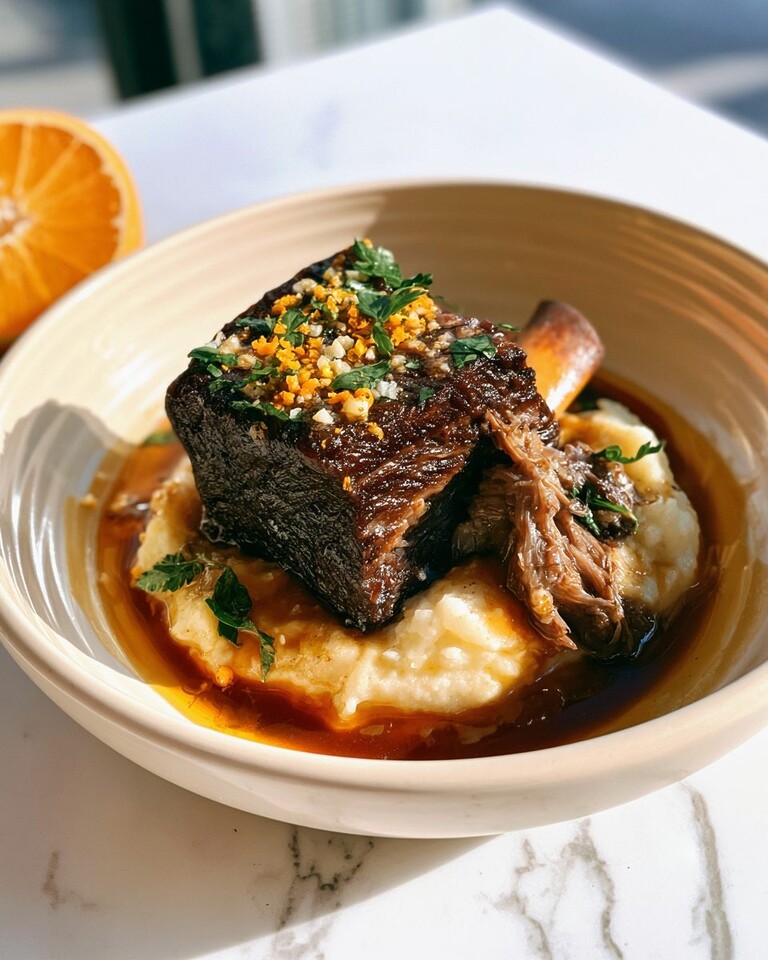 Fall-Apart Bourbon-Braised Beef Short Ribs Plated bourbon-braised beef short ribs resting on a creamy puree, topped with brown sauce and green orange gremolata.
