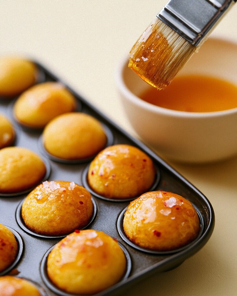 A brush applying a glossy glaze onto the tops of golden cornbread bites