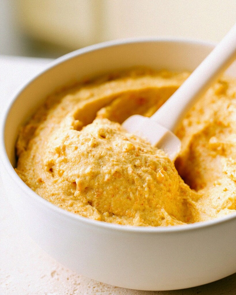 Thick yellow cornbread batter mixed in a white bowl with a silicone spatula