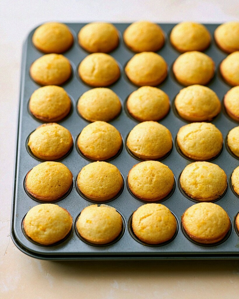 Baked cornbread bites puffed into rounded domes with browned edges in a metal muffin pan