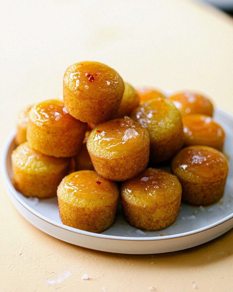 A stack of glazed hot honey cornbread bites garnished with flaky salt on a white serving plate