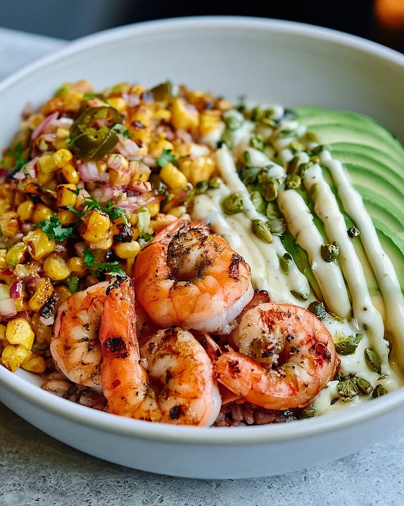 Grilled smoky shrimp bowl with charred corn, sliced avocado, and white crema over a bed of rice