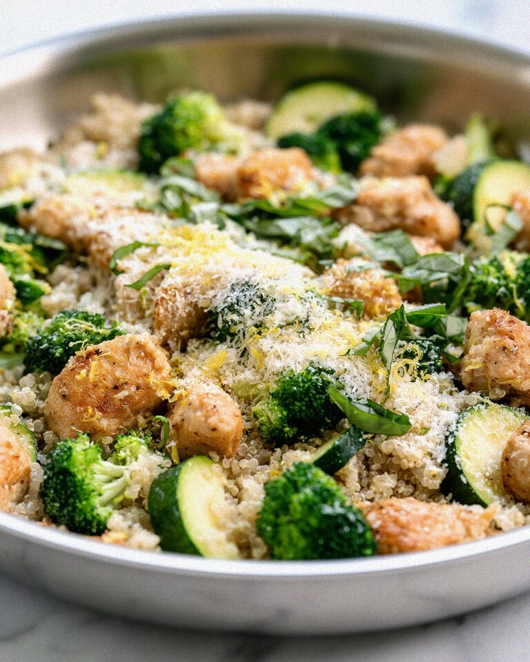 One-Pan Parmesan-Lemon Chicken and Quinoa A metal skillet filled with cooked chicken pieces, fluffy quinoa, bright green broccoli florets, and zucchini, garnished with Parmesan and fresh basil.
