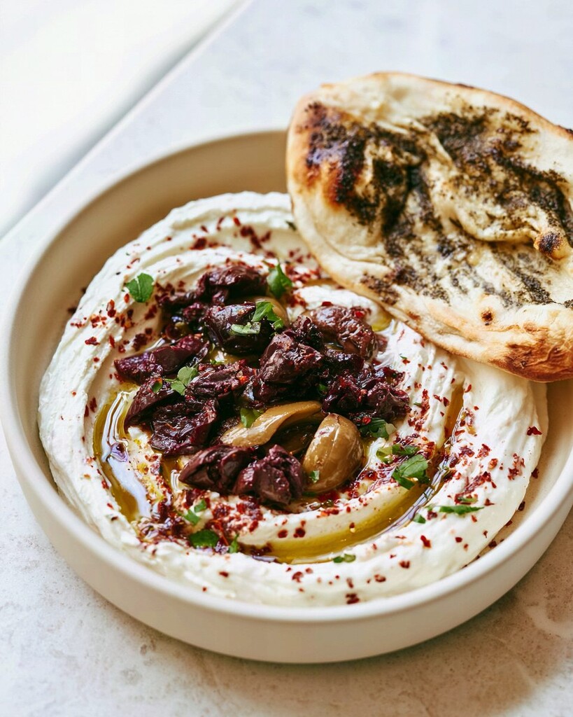Za'atar naan with whipped feta topped with dark and green olives and chopped herbs in a ceramic dish