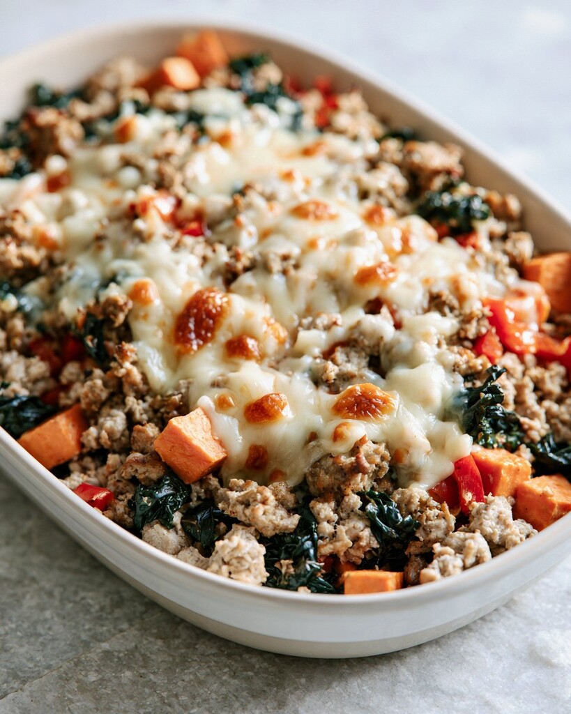 A serving of ground turkey and sweet potato skillet plated in a white ceramic dish