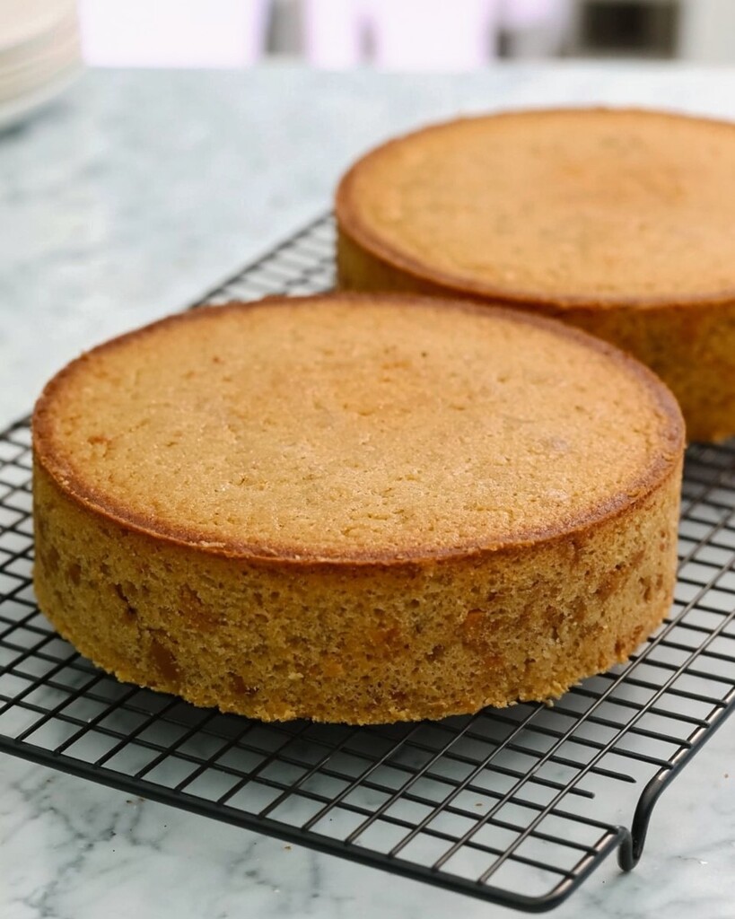 Two round golden cake layers cooling on a wire rack