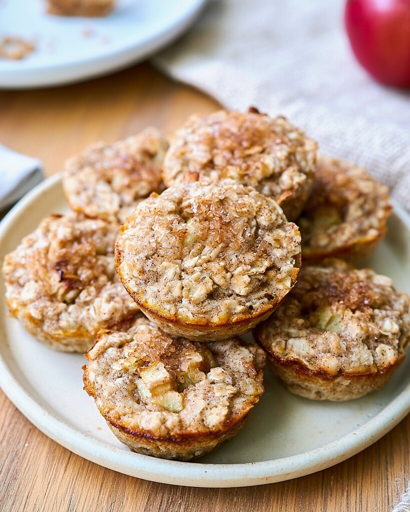 Cottage cheese apple cinnamon bites stacked on a ceramic plate highlighting golden oat tops sprinkled with sugar