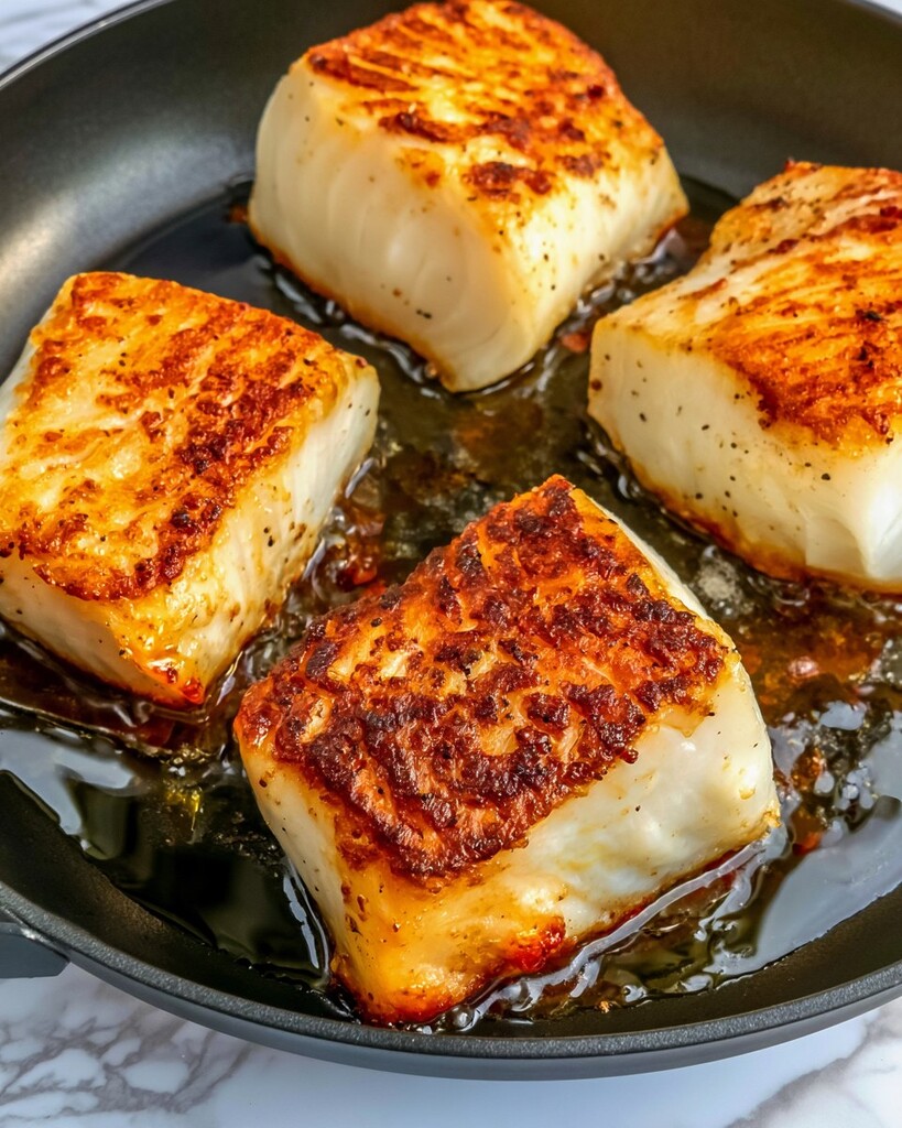 Four thick cod fillets searing in a black pan with a dark golden crust