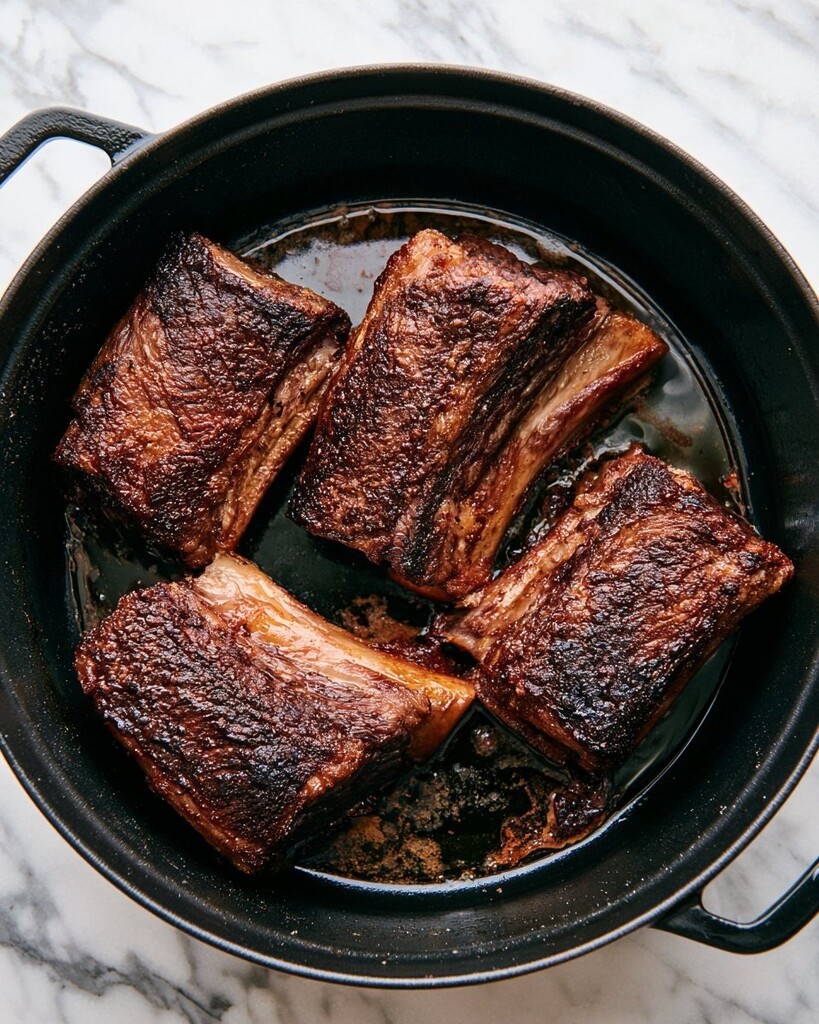 Beef short ribs searing in a black Dutch oven until a dark brown crust forms.