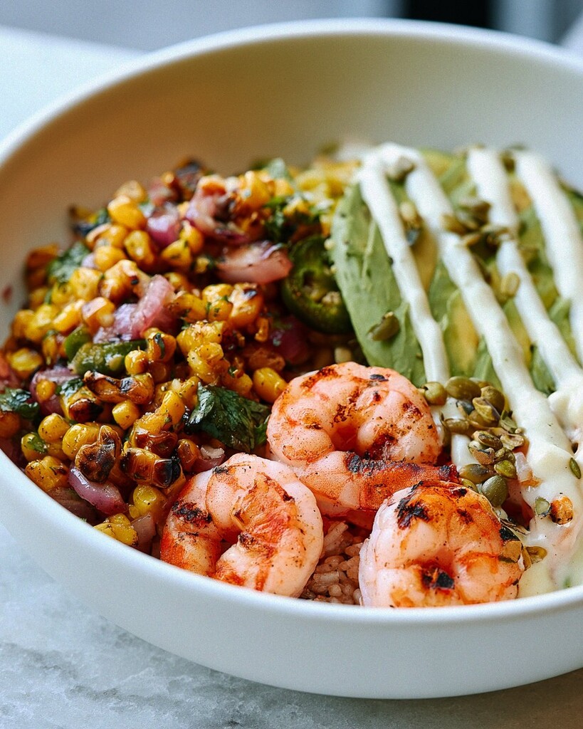 Shrimp bowl garnished with blistered corn, avocado slices, creamy sauce, and pepitas
