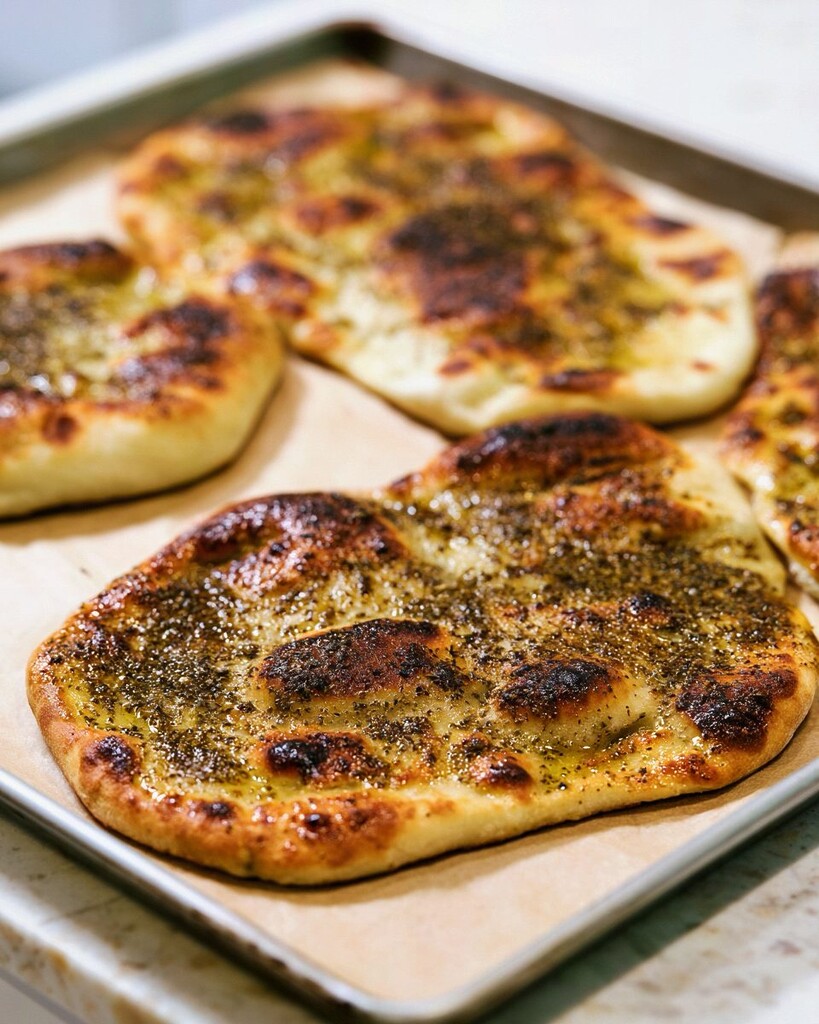 Golden za'atar naan breads arranged on a metal baking sheet lined with parchment paper