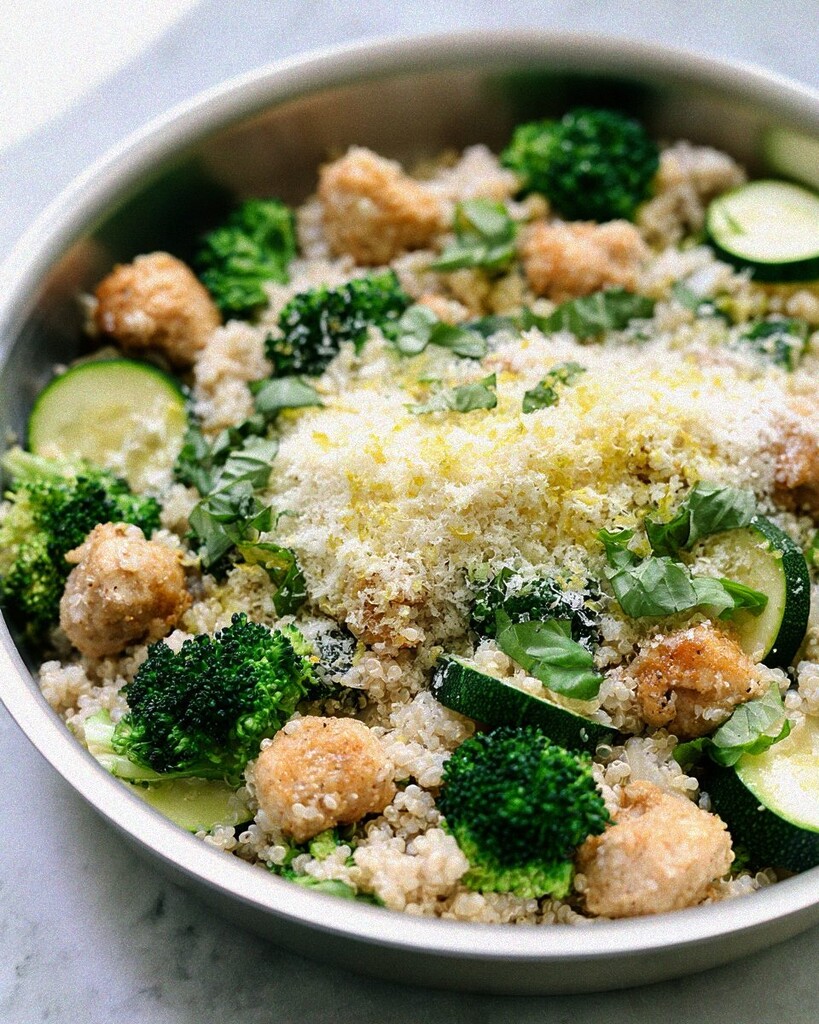 Grated Parmesan cheese and torn fresh basil leaves scattered generously over the chicken and quinoa.