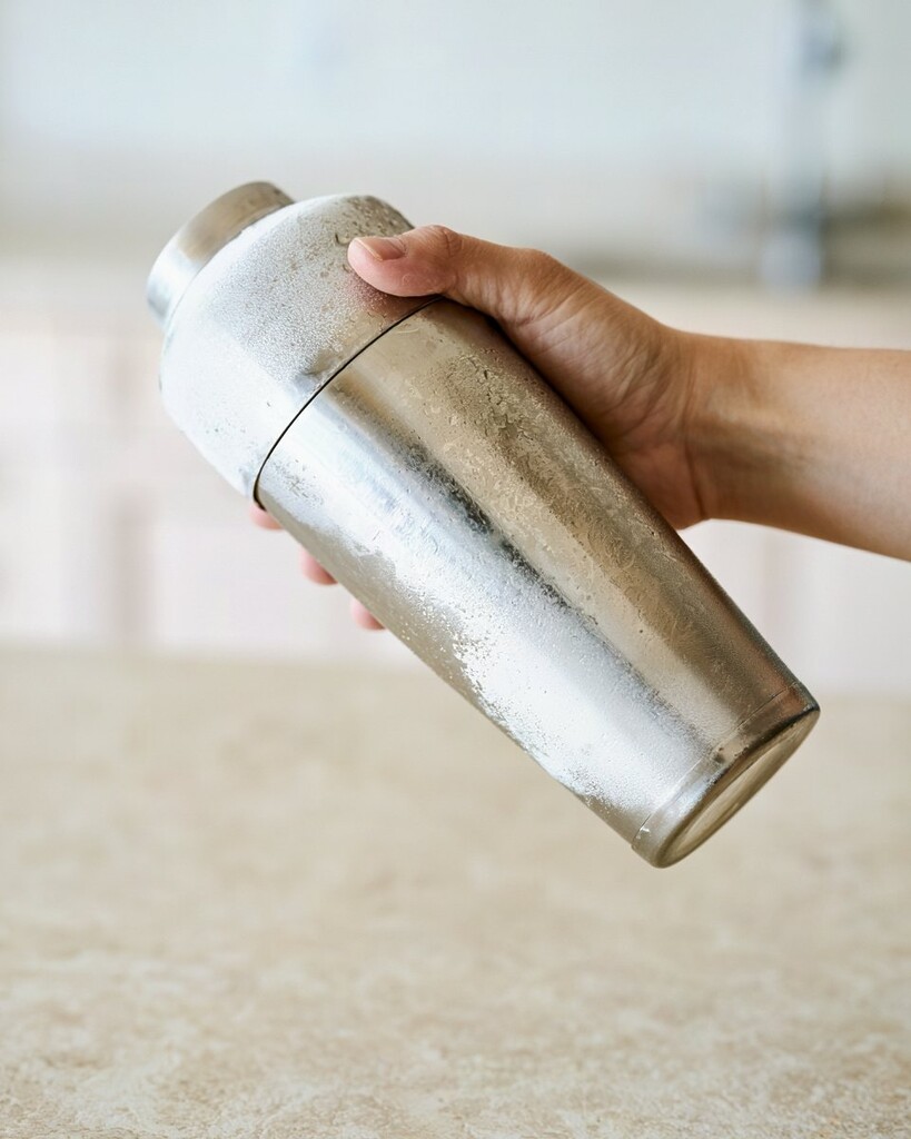 A frosted metal cocktail shaker covered in a thick layer of condensation