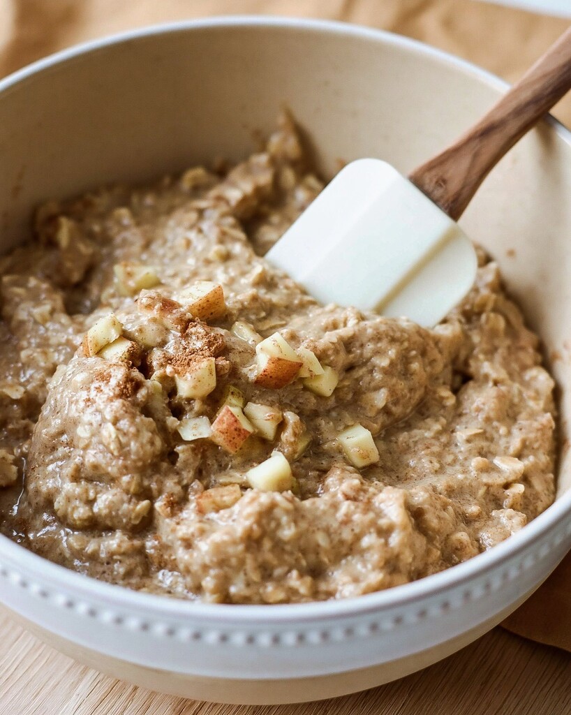 Thick oatmeal batter in a ceramic bowl mixed with diced apples using a silicone spatula