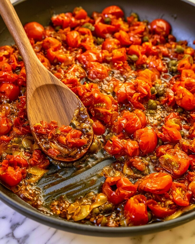 Stirring a glossy sauce of burst tomatoes, capers, and garlic in a skillet with a wooden spoon