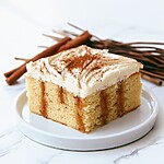 Gooey Cinnamon Roll Poke Cake (No Kneading Required) A square slice of cinnamon roll poke cake on a white plate revealing dark cinnamon filling inside the crumb