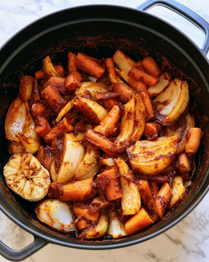 Carrot chunks, onion wedges, and halved garlic head stirring with browned tomato paste in a Dutch oven.