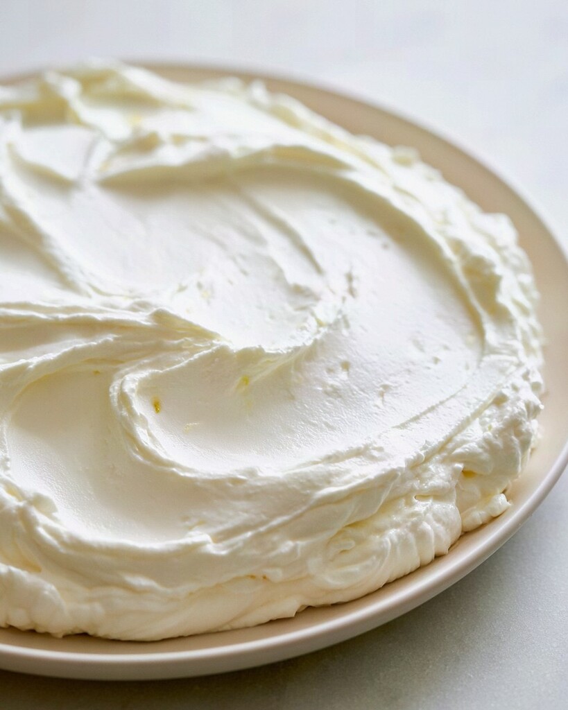 Whipped feta spread in a smooth white layer with wide swirls on a ceramic dish
