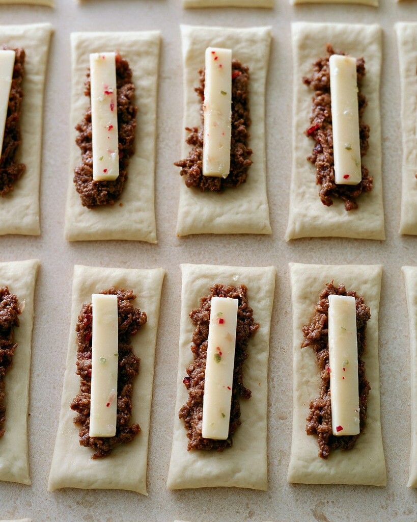 Ground beef and half a pepper jack cheese stick placed in the center of raw dough rectangles.
