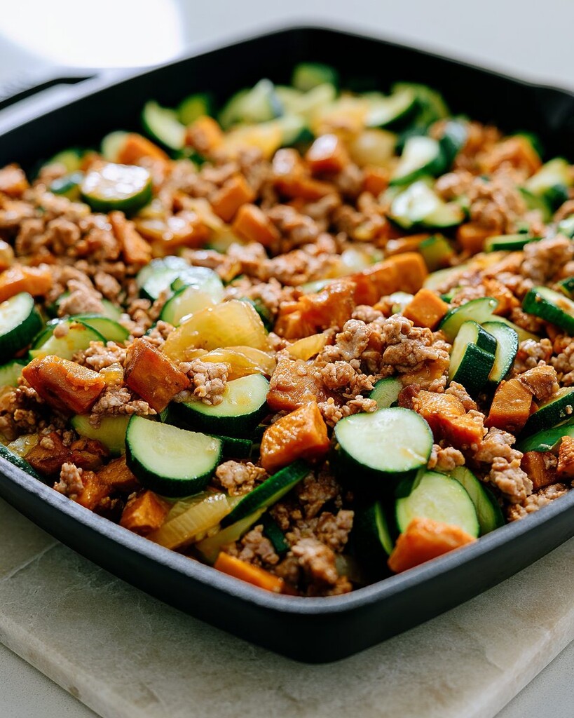Ground turkey, sweet potato cubes, and zucchini slices mixed together in a black skillet