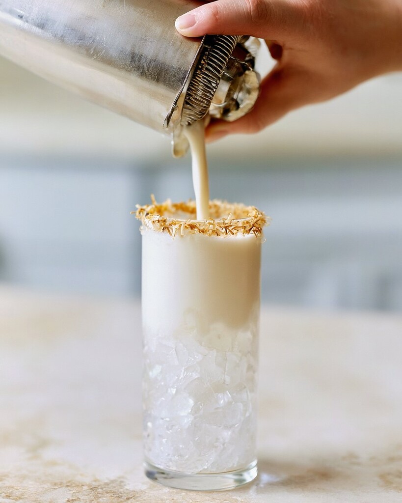 Creamy coconut vodka cocktail being strained from a metal shaker into an ice-filled tall glass