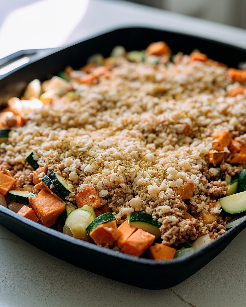 Unbaked ground turkey and vegetable filling in a skillet covered with a light crumbly layer of panko and parmesan