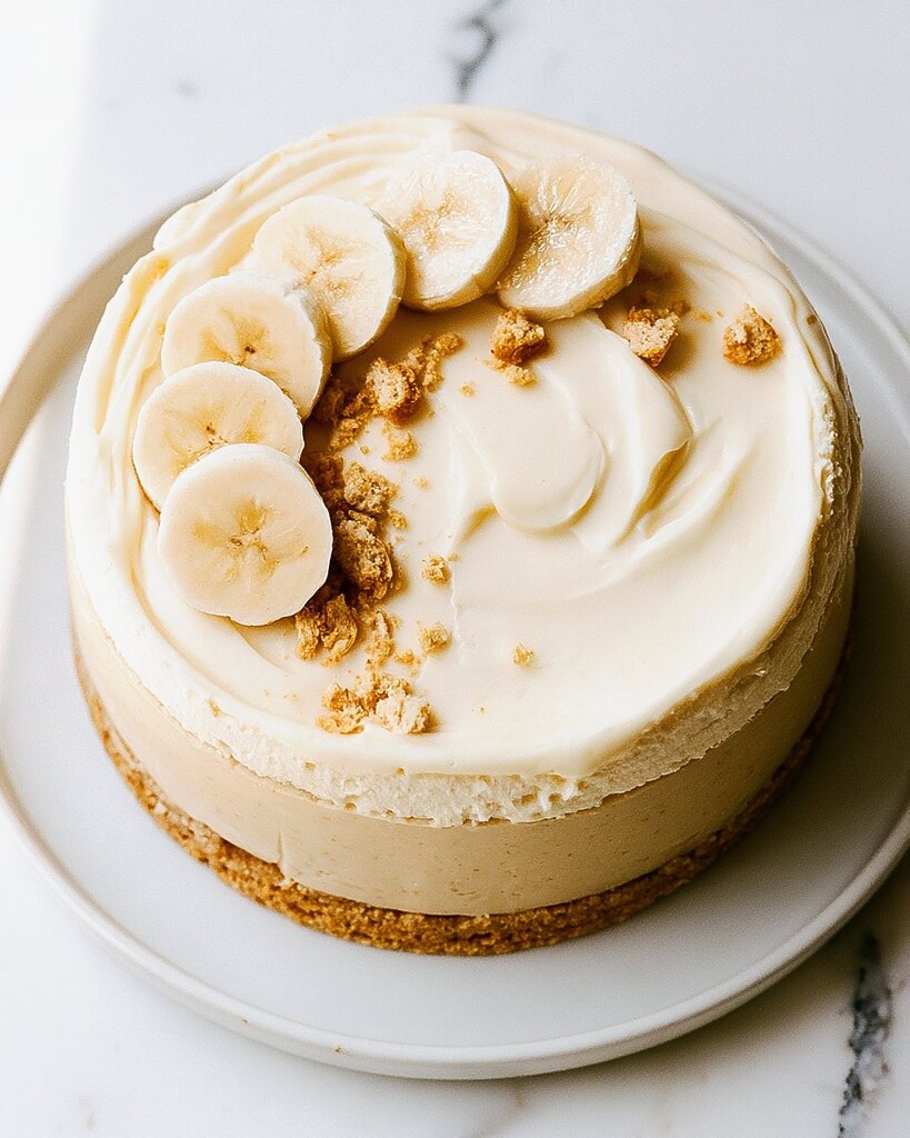Whole caramelized banana pudding cheesecake topped with mousse, fresh bananas, and wafer crumbs