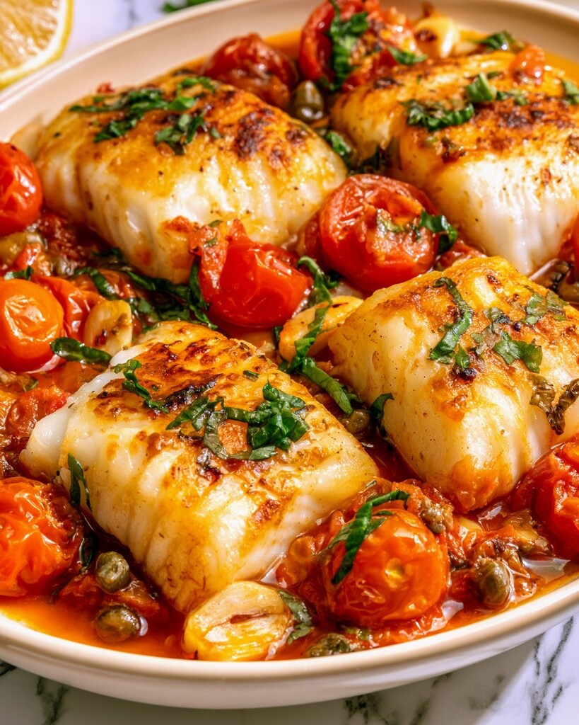 Seared Mediterranean cod served on a white plate with burst tomatoes, capers, garlic, and chopped basil