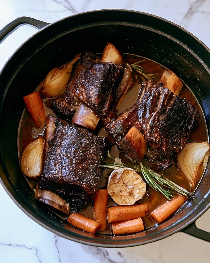 Beef short ribs resting on carrots and onions in a dark braising liquid with rosemary sprigs.