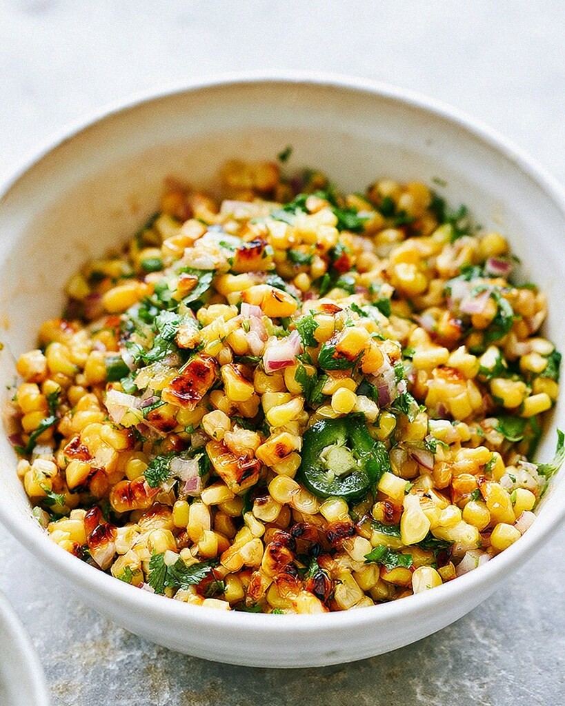 Charred corn mixed in a white bowl with diced red onion, cilantro, and jalapeño slices