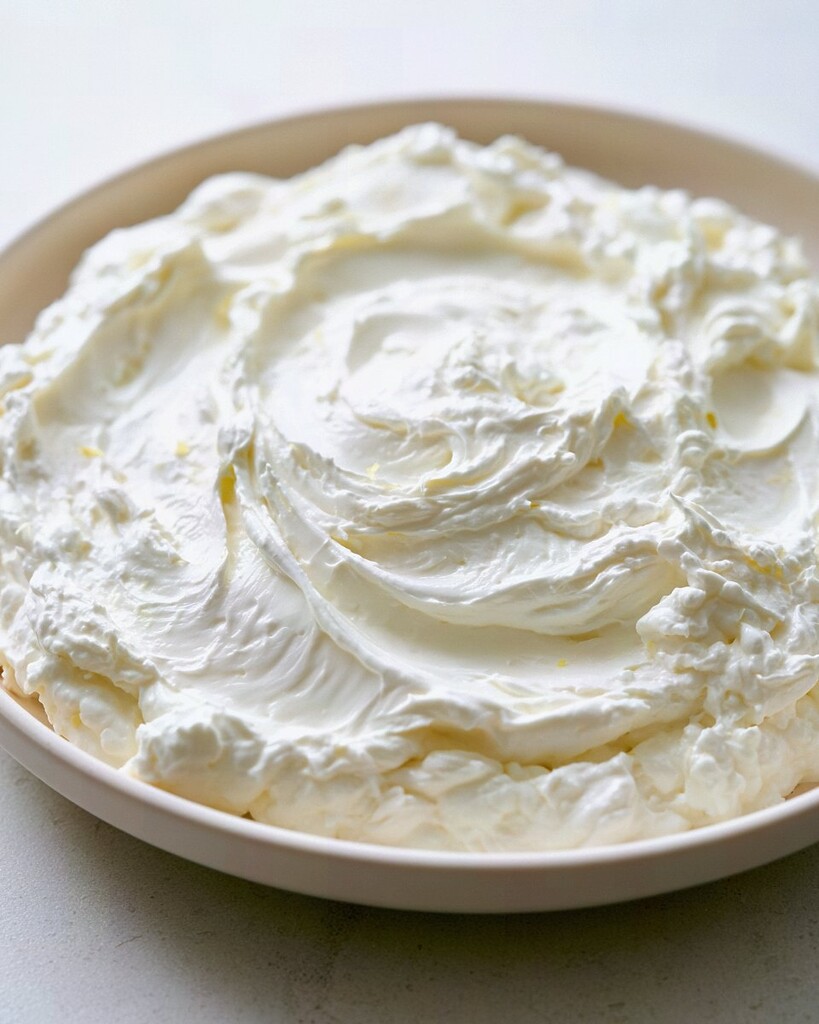 Creamy whipped feta spread in a round dish with thick ripples and smooth texture