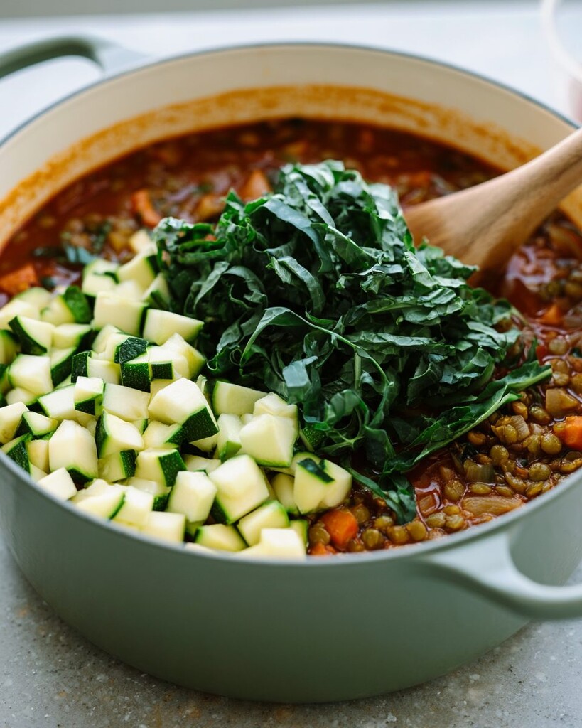 Adding diced zucchini and chopped kale to a pot of lentil soup with a wooden spoon