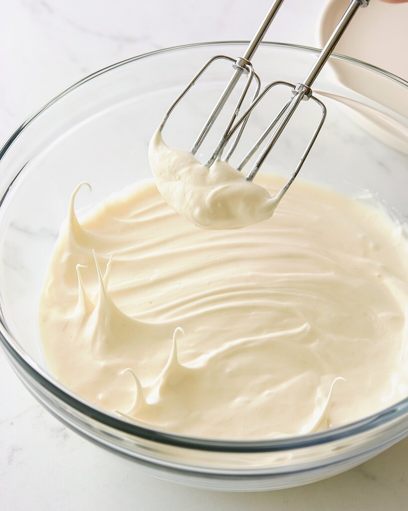 Vanilla pudding mousse being whipped with an electric mixer in a glass bowl
