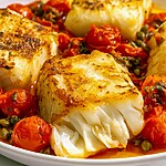 A flaked piece of cod showing white tender flesh among red tomatoes and capers on a white plate