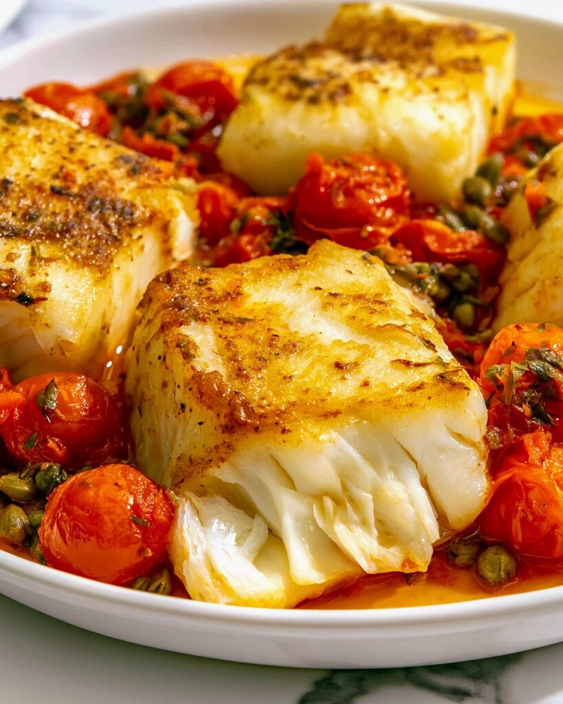 A flaked piece of cod showing white tender flesh among red tomatoes and capers on a white plate