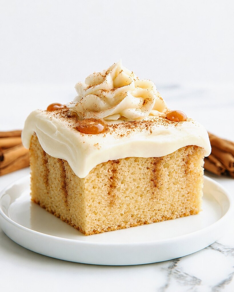 A square slice of cinnamon roll poke cake on a white plate topped with a cream rosette and dusted with cinnamon