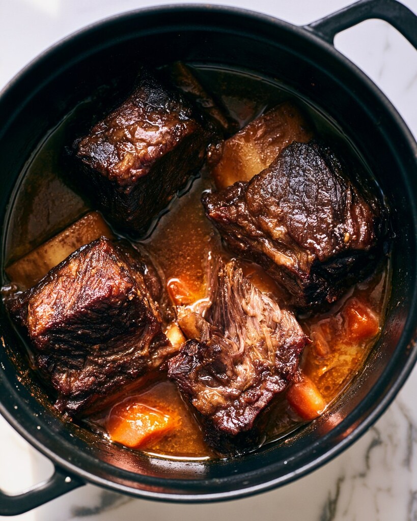 Tender, braised beef short ribs falling apart in a rich brown sauce with carrot pieces.