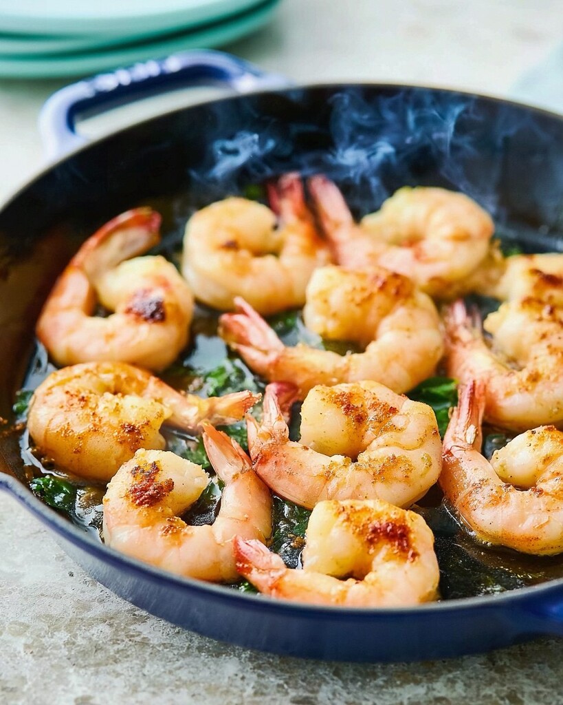 Spiced shrimp cooking in a black skillet turning pink and golden brown