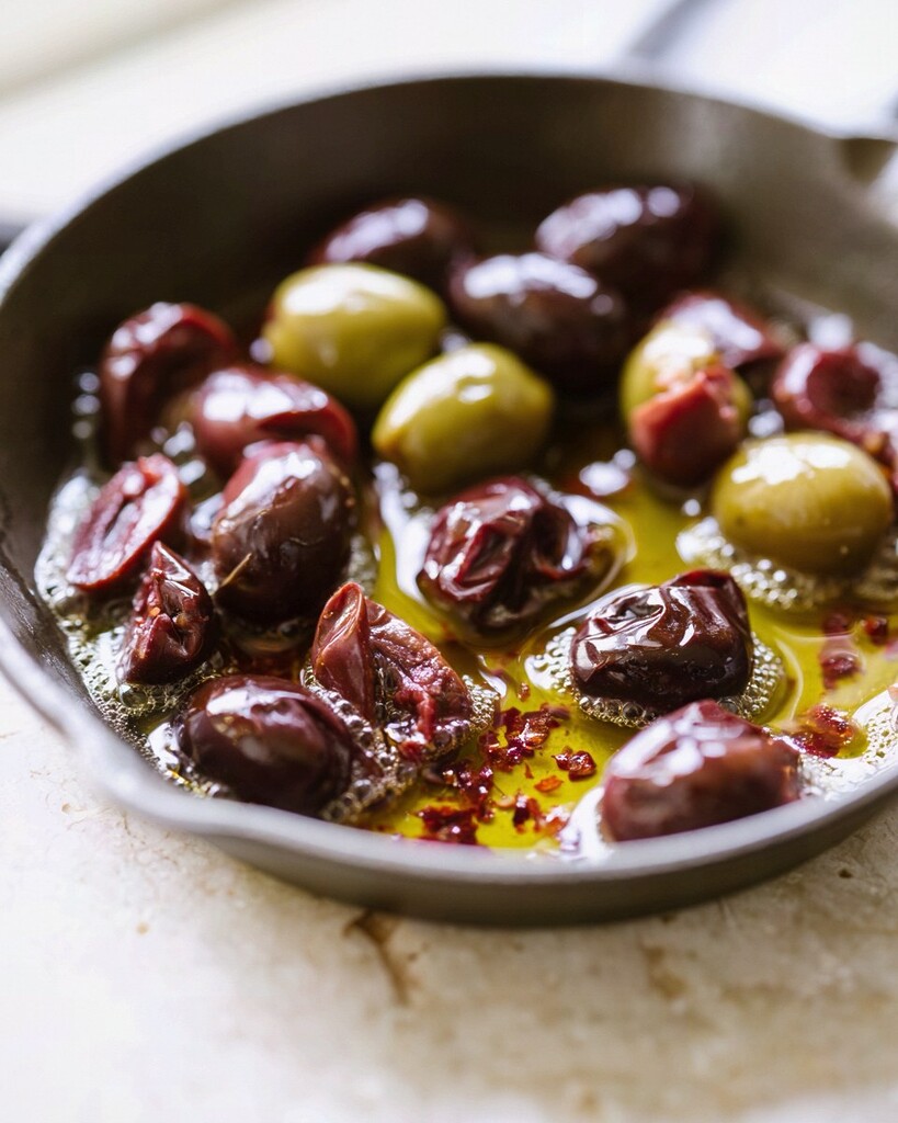 Green and dark olives heated with oil and red pepper flakes in a small metal skillet