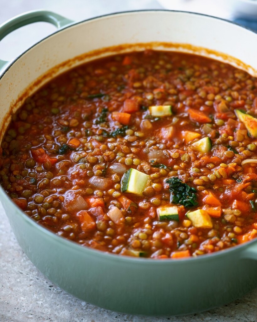 Diced zucchini, carrots, and kale leaves simmering in a thick lentil soup