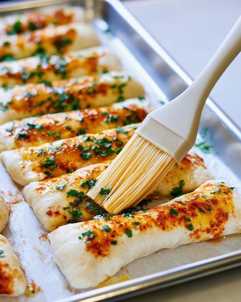A pastry brush spreading spiced garlic butter and cilantro over raw stuffed dough sticks on a baking sheet.