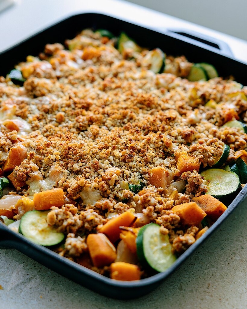 Baked skillet dinner with a deeply browned parmesan crust and bubbling edges
