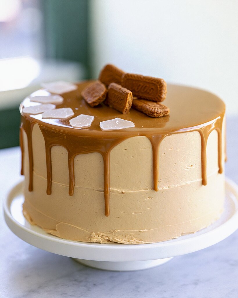 A glossy cookie butter drip falling down the sides of a cake decorated with flaky salt and whole cookies