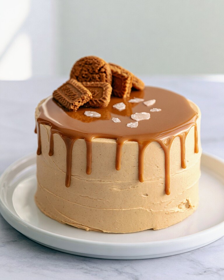 Spiced Biscoff Layer Cake with a Salted Drip A two layer Biscoff cake with a glossy salted drip and cookie crown on a white serving plate