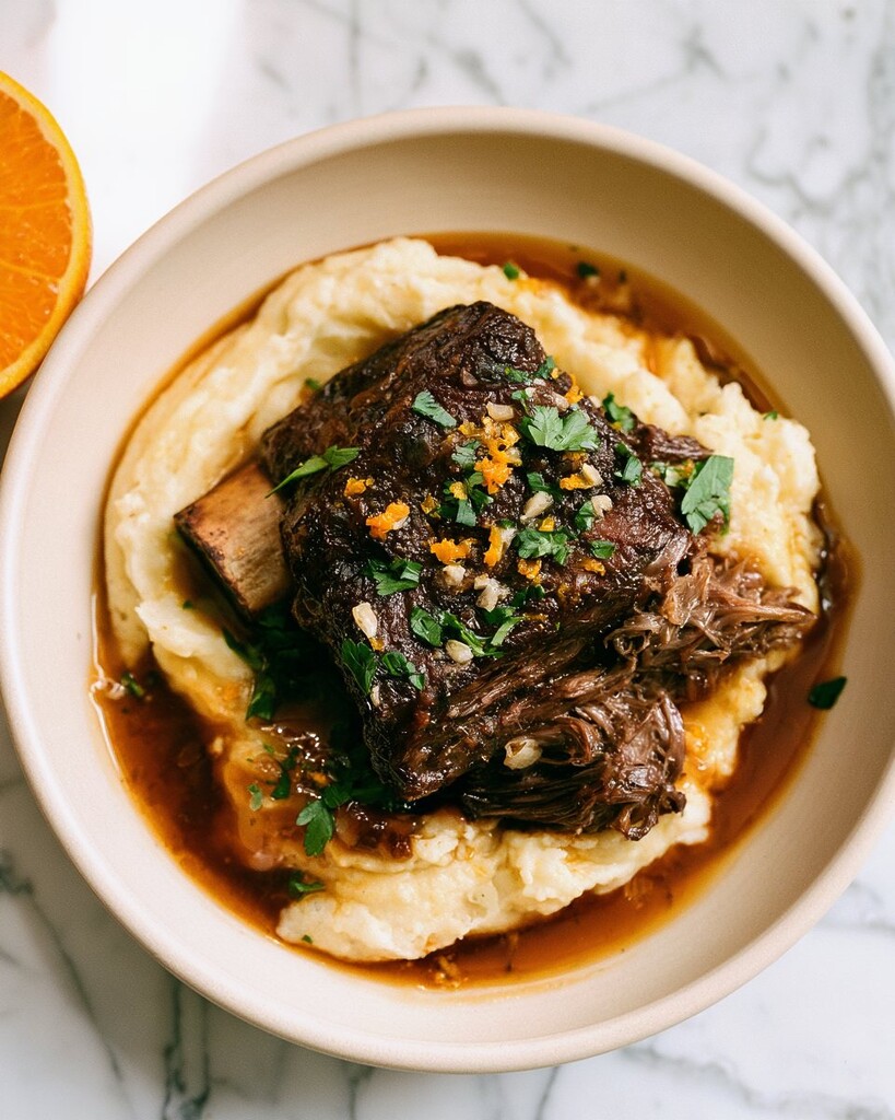 Bourbon-braised beef short ribs served on top of smooth puree with brown sauce and fresh parsley orange gremolata.