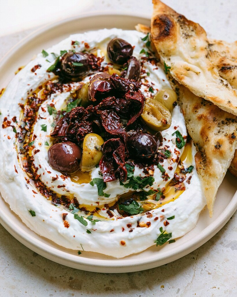 Whipped feta garnished with olives, herbs, and pepper flakes served with golden za'atar naan pieces