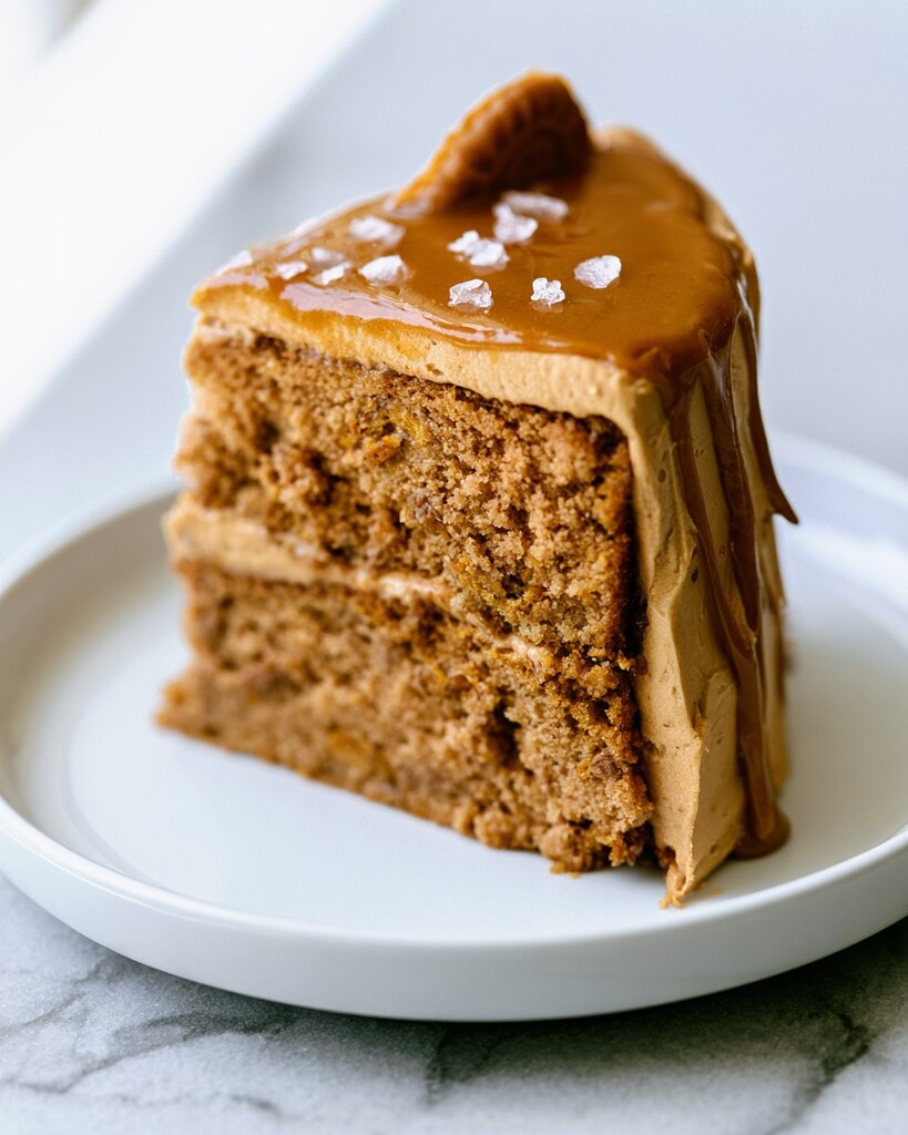A sliced layer cake showing a cookie butter filling and a glossy salted drip